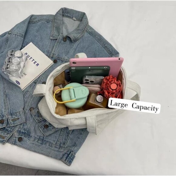 Women Corduroy Tote Bag Large Multi Pockets Casual Shoulder Bag for Work Travel - Picture 5 of 7